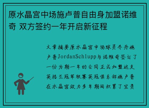 原水晶宫中场施卢普自由身加盟诺维奇 双方签约一年开启新征程