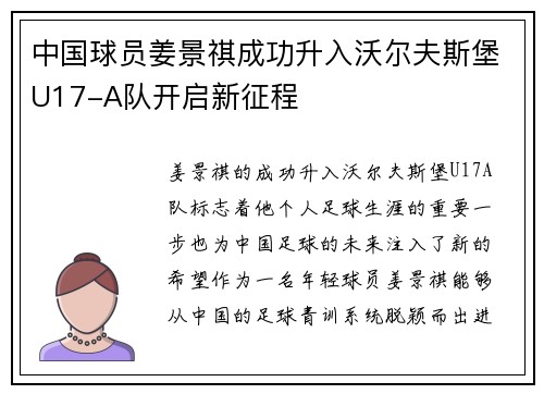 中国球员姜景祺成功升入沃尔夫斯堡U17-A队开启新征程