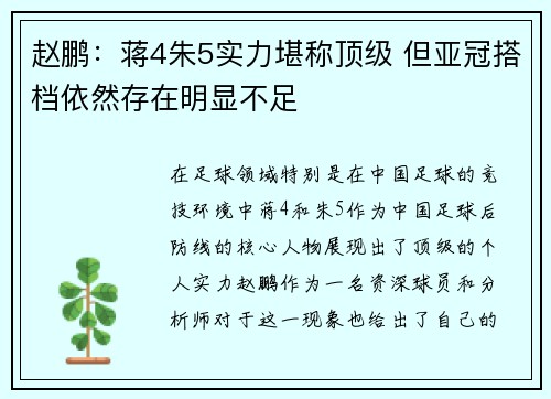 赵鹏：蒋4朱5实力堪称顶级 但亚冠搭档依然存在明显不足